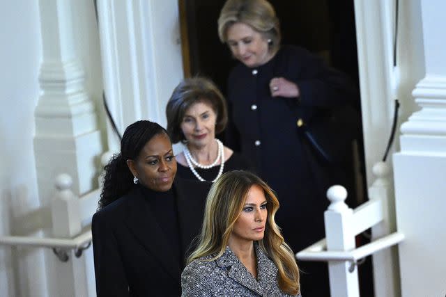 <p>ANDREW CABALLERO-REYNOLDS/AFP via Getty Images</p> The former first ladies at Rosalynn Carter's Nov. 28 tribute service