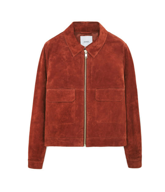 Pick a bold crimson jacket in suede to brighten up your usual night-out moto jacket.