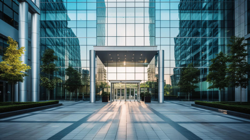 The entrance of a large corporate office building, symbolizing the headquarters of the REIT.