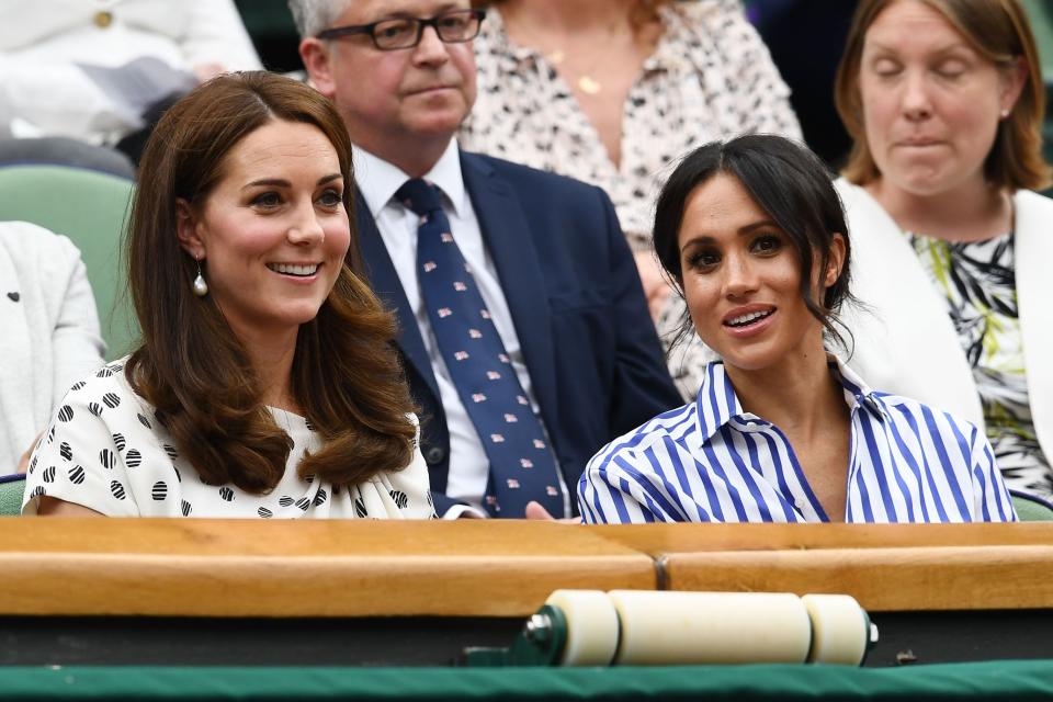 <p>The Duchess of Cambridge and her new sister-in-law Meghan Markle just arrived at Wimbledon for their first joint outing together. Today, they'll meet with ball boys and girls, and will have lunch at the club before tournament play starts. The men's semi-finals match between Novak Djokovic and Rafael Nadal was suspended last evening, so they will play this morning, but certainly the highlight of the day will be watching Meghan's close friend Serena Williams battle it out with Angelique Kerber in the women's finals at centre court. See all the photos of the pair throughout the day, below. </p>