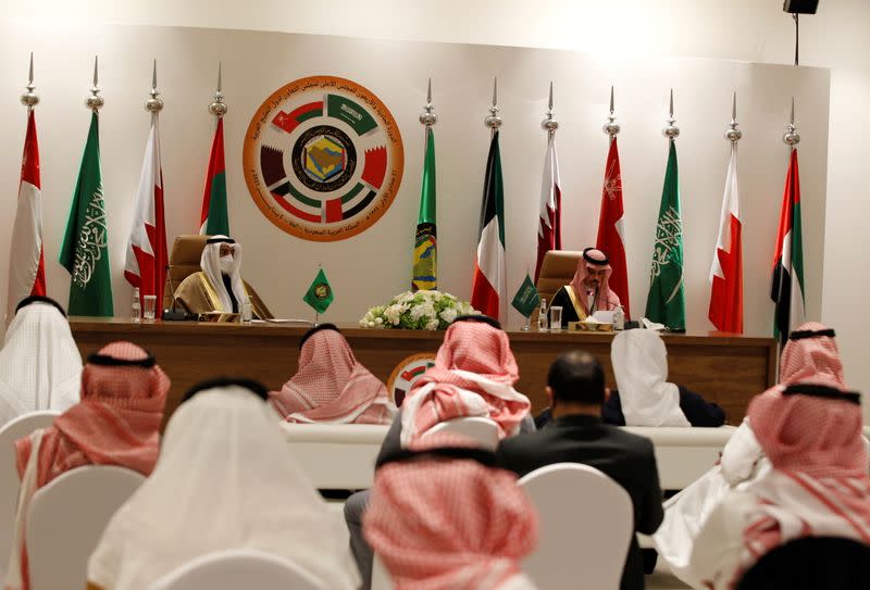 Secretary-General of the Gulf Cooperation Council (GCC) Nayef Falah al-Hajraf and Saudi Arabia's Foreign Minister Prince Faisal bin Farhan Al Saud speak during a joint news conference at the Gulf Cooperation Council's (GCC) 41st Summit in Al-Ula