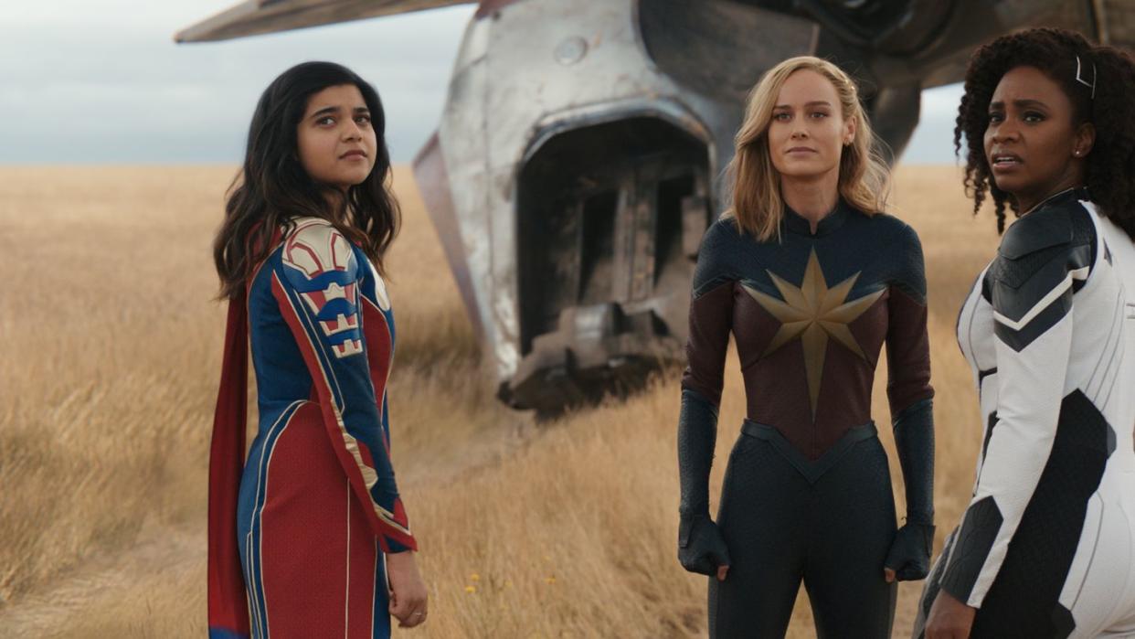 l r iman vellani as ms marvelkamala khan, brie larson as captain marvelcarol danvers, and teyonah parris as captain monica rambeau in marvel studios' the marvels photo courtesy of marvel studios © 2023 marvel