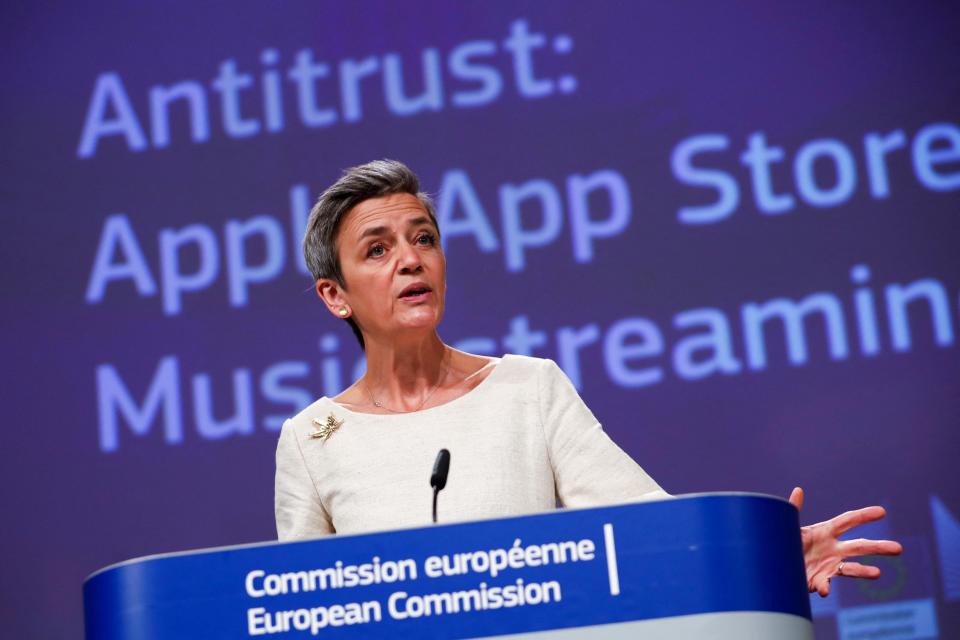 European Commissioner for Europe fit for the Digital Age, Margrethe Vestager, gestures as she speaks during an online news conference on Apple antitrust case at the EU headquarters in Brussels, on April 30, 2021. - The EU formally accused Apple on April 30, 2021 of unfairly squeezing out music streaming rivals through its App Store in one of the biggest-ever competition cases to hit the iPhone maker. (Photo by Francisco Seco / POOL / AFP) (Photo by FRANCISCO SECO/POOL/AFP via Getty Images)