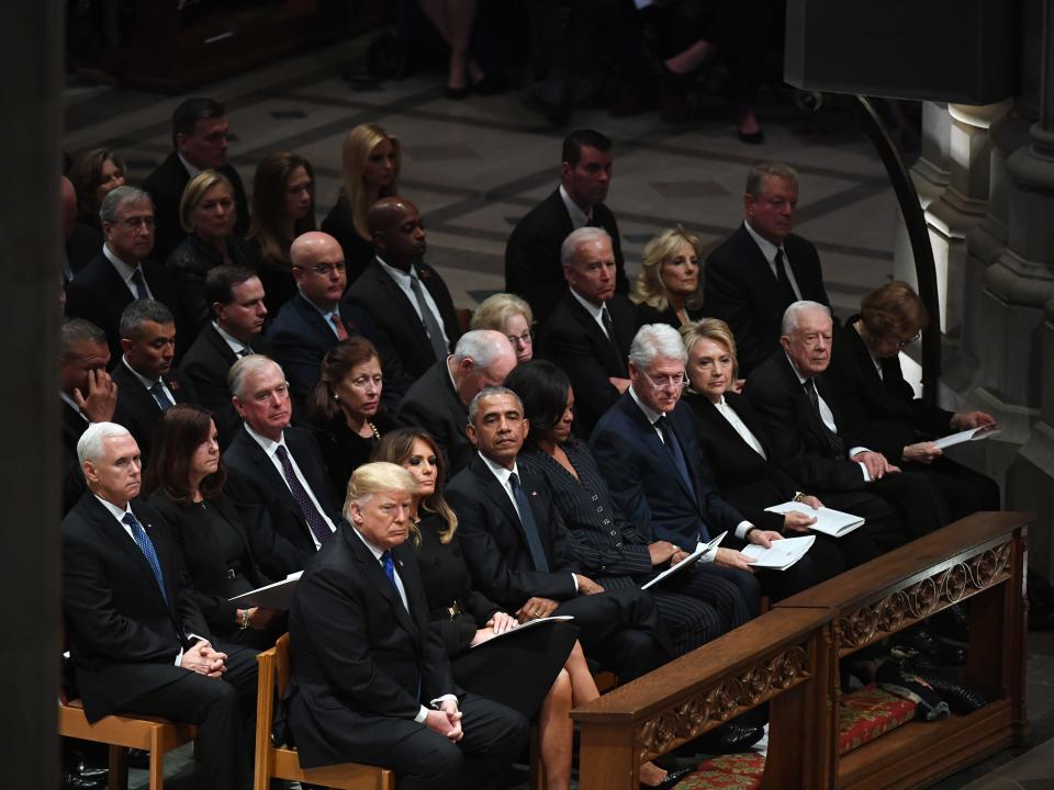 President Donald Trump, and former presidents Barack Obama, Bill Clinton, and Jimmy Carter attend the funeral of George H.W. Bush in 2018.