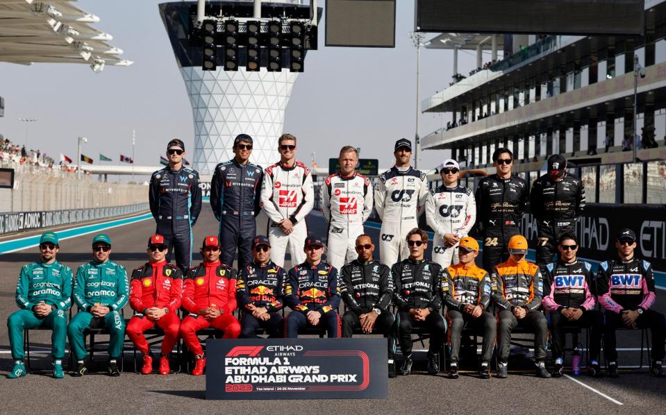 Yas Marina Circuit, Abu Dhabi, United Arab Emirates - November 26, 2023 The drivers pose for a group photo before the race