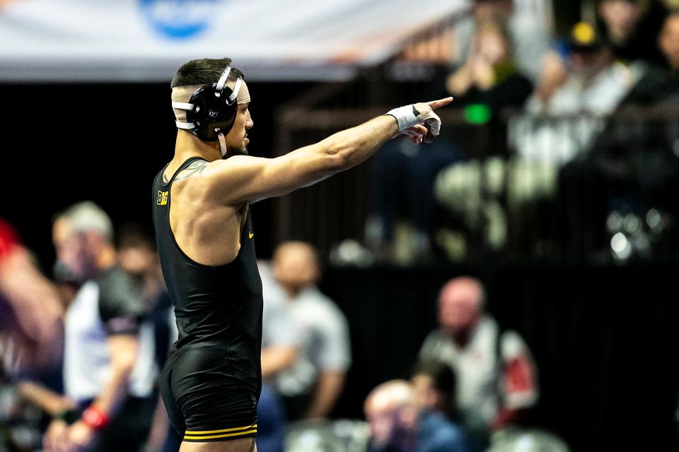 Iowa's Real Woods reacts after his match at 141 pounds during the second session of the NCAA Division I Wrestling Championships, Thursday, March 16, 2023, at BOK Center in Tulsa, Okla.