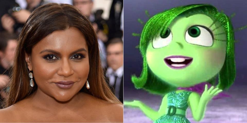 <p>Mindy Kaling first joined the Disney family by voicing a snotty racer who gives Vanellope von Schweetz a lot of grief in 2012’s <em>Wreck-It Ralph</em>. In 2015’s <em>Inside Out</em>, Kaling got a bigger role as the personified emotion Disgust. “They wanted me to improvise, but the script was so tight that I didn't need to, which is a rare thing,” Kaling <a href="http://www.vulture.com/2015/06/amy-poehler-mindy-kaling-on-inside-out.html" rel="nofollow noopener" target="_blank" data-ylk="slk:told Vulture;elm:context_link;itc:0;sec:content-canvas" class="link ">told <em>Vulture</em></a> of the latter film.</p>