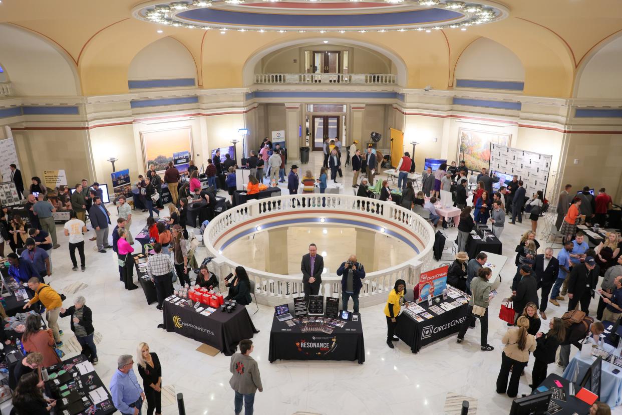 The second floor of the Capitol is filled with people during Film and Music Day at the Capitol in Oklahoma City, Monday, March 25, 2024.