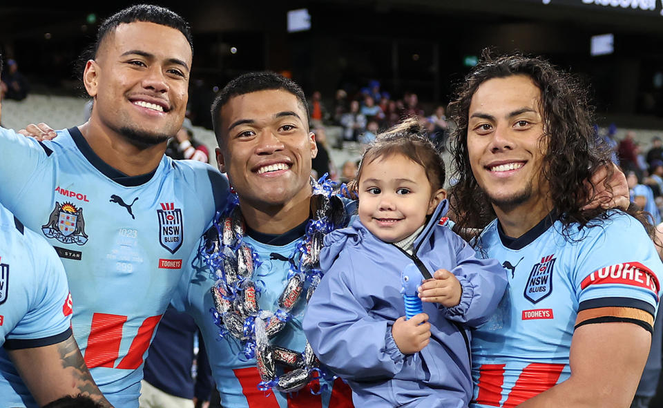 Stephen Crichton, Brian To'o and Jarome Luai after an Origin game for NSW.