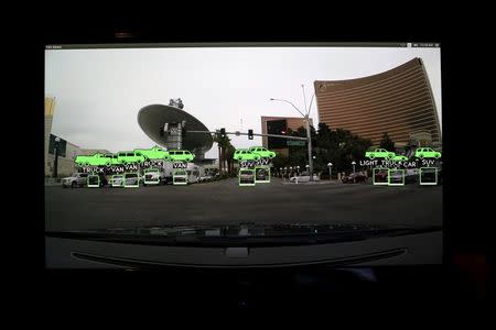 A video screen depicting the view of a self driving vehicle is shown on a graphic display at Nvidia in Santa Clara, California in this February 11, 2015 file photo. REUTERS/Robert Galbraith