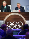 Thomas Bach, President of the International Olympic Committee (IOC), and former IOC President Jacques Rogge attend the 133rd IOC session in Buenos Aires, Argentina October 9, 2018. REUTERS/Marcos Brindicci