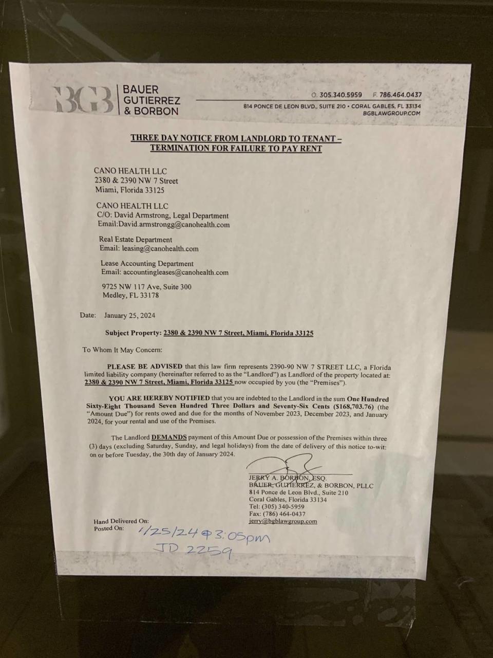 The notice on the door of 2380-90 NW Seventh St. in Miami, declaring Cano Health owes back rent.