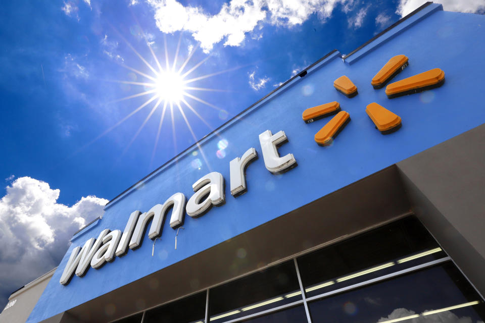 FILE - This June 25, 2019, file photo shows the entrance to a Walmart in Pittsburgh. Walmart Inc. reports financial results Thursday, Aug. 15. (AP Photo/Gene J. Puskar, File)