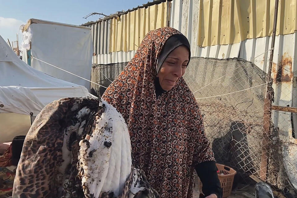 Asma Al Sarafendi speaks to an NBC News team following an Israeli attack on Al-Mawasi on Wednesday morning.  (NBC News)