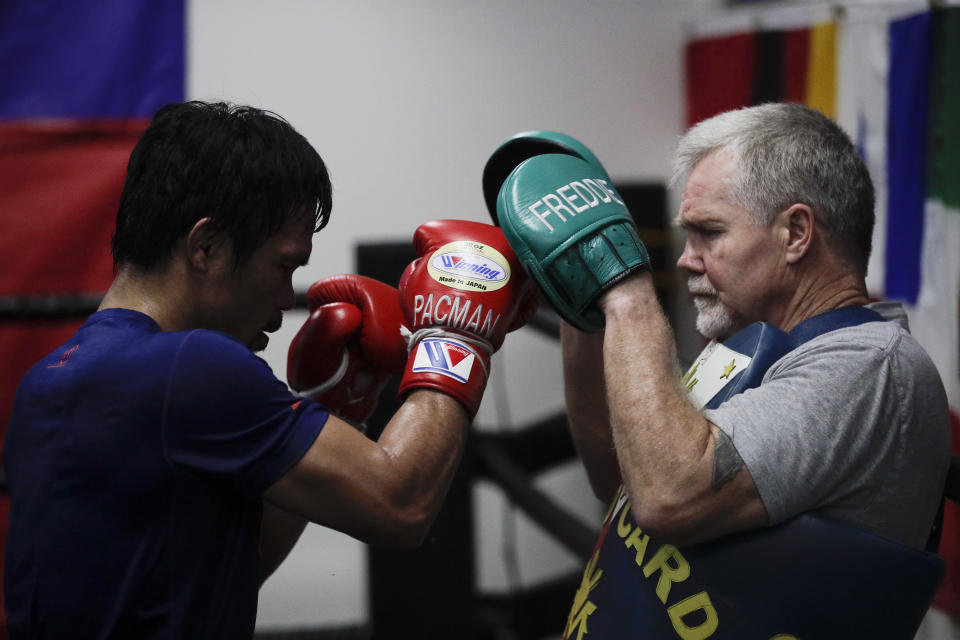Boxer Manny Pacquiao trains with Freddie Roach at the Wild Card Boxing Club on Monday, Jan. 14, 2019, in Los Angeles. (AP)