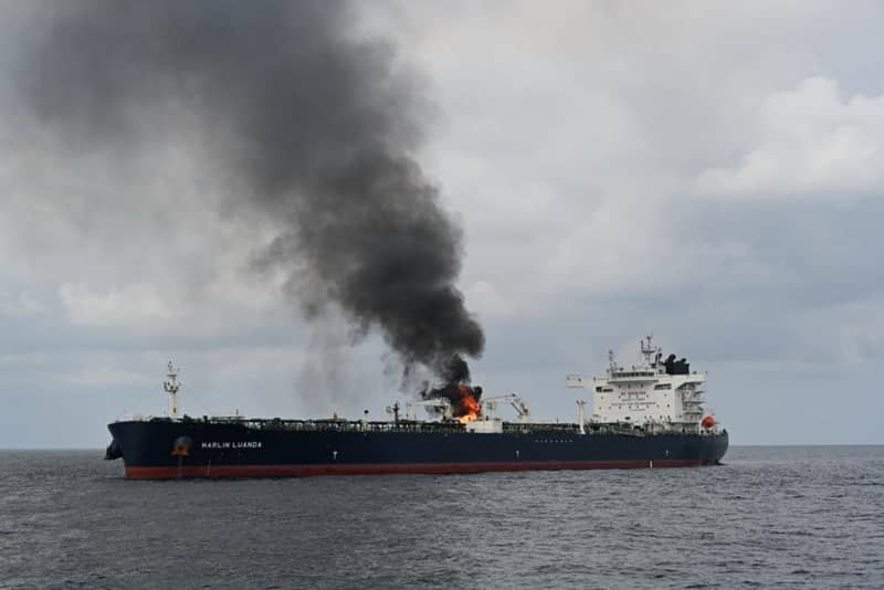 The Marlin Luanda vessel on fire in the Gulf of Aden after it was reportedly struck by an anti-ship missile fired from a Houthi controlled area of Yemen. -/Indian Navy via ZUMA Wire/dpa