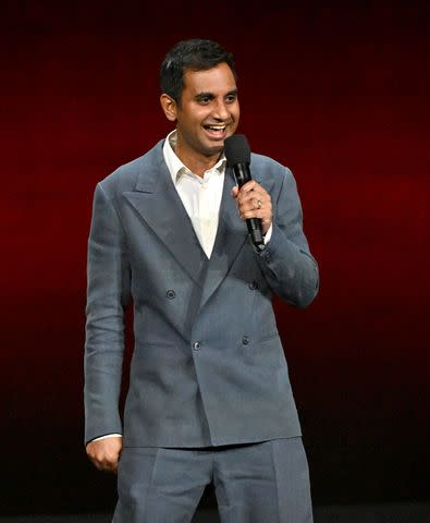 <p>David Becker/WireImage</p> Aziz Ansari speaks onstage during CinemaCon 2024