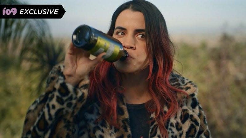 A woman in a leopard coat chugs olive oil