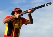LONDON, ENGLAND - AUGUST 05: Jesus Serrano of Spain competes in the Men's Trap Shooting on Day 9 of the London 2012 Olympic Game at the Royal Artillery Barracks on August 5, 2012 in London, England. (Photo by Lars Baron/Getty Images)