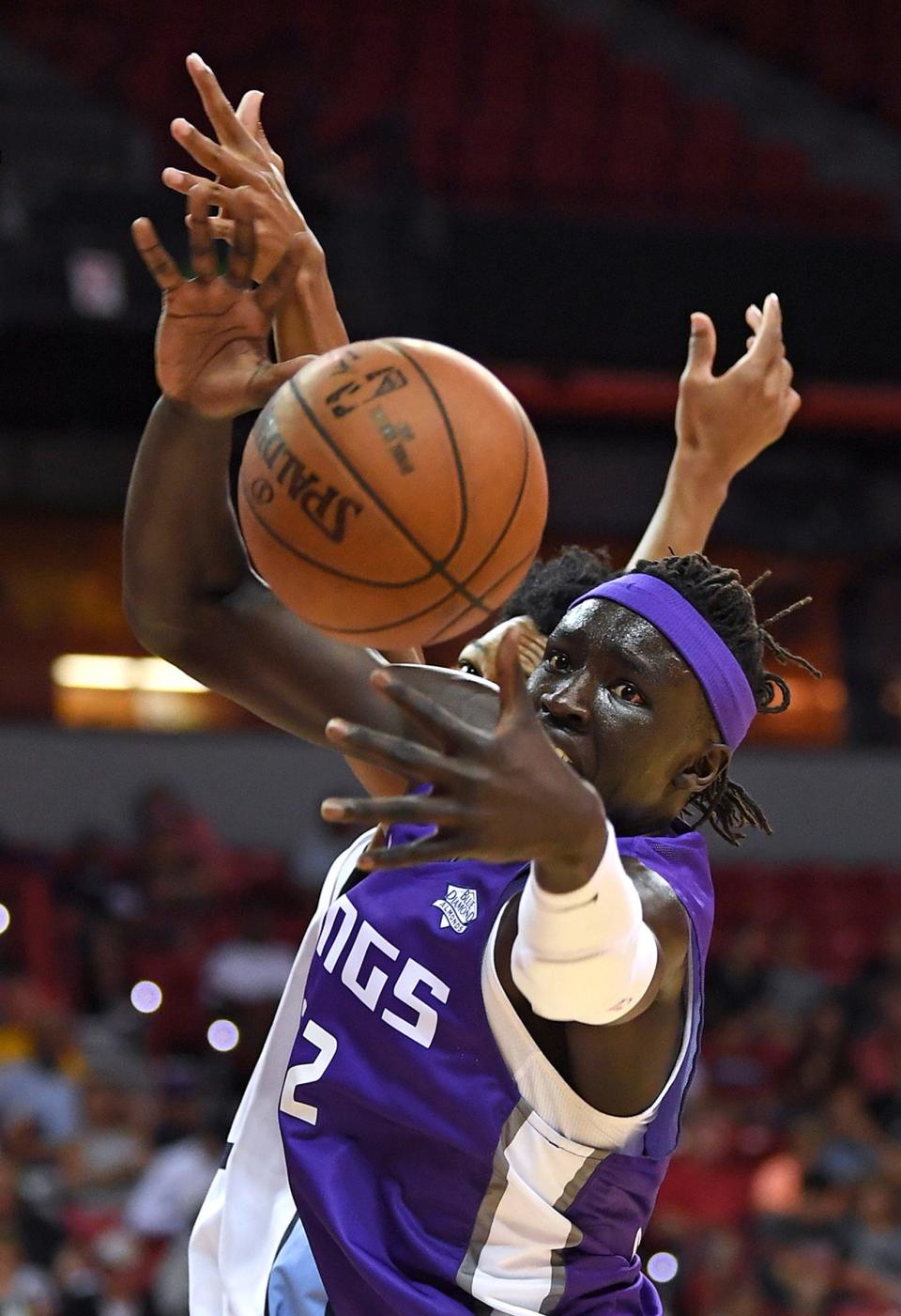 Jul 10, 2018; Las Vegas, NV, USA; Sacramento Kings forward Wenyen Gabriel (32) loses the ball during the first half against the Memphis Grizzlies at Thomas & Mack Center.