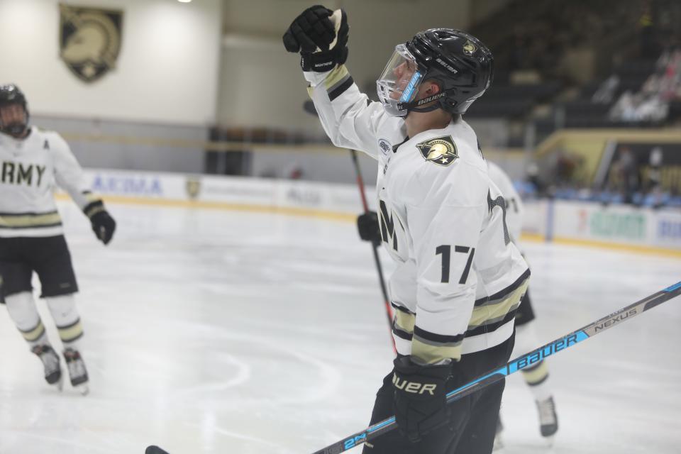 Army's Anthony Firriolo, shown here celebrating a goal last season, had two points in the Black Knights' 2-0 win over Niagara.