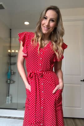 A button-down polka-dot midi dress