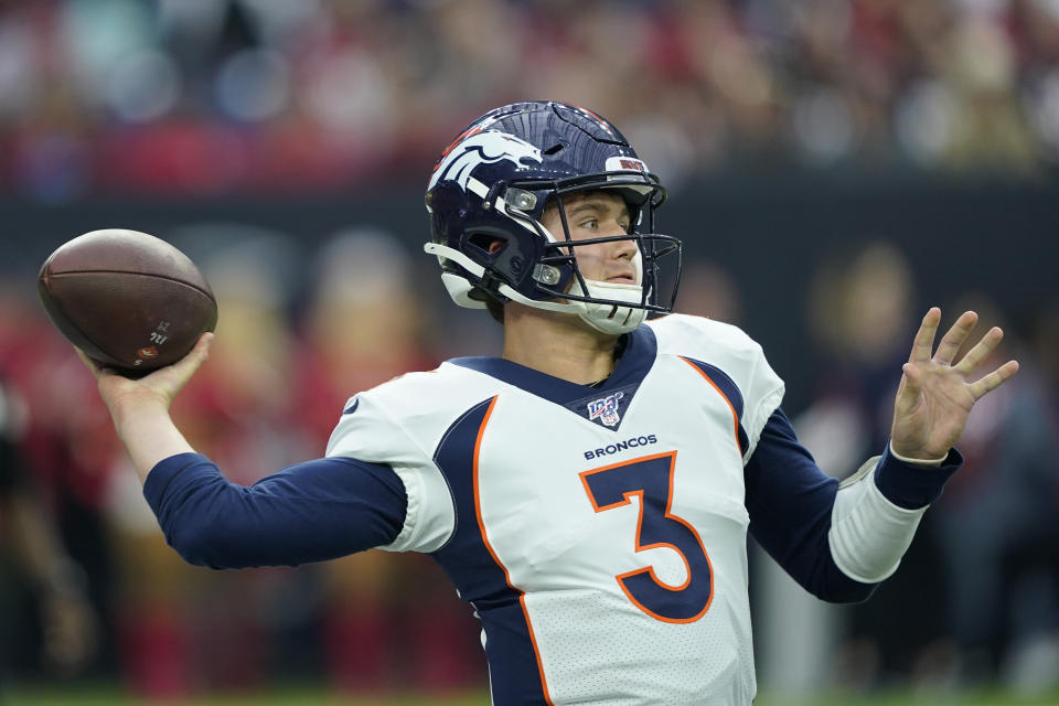 Denver Broncos quarterback Drew Lock (3) passes against the Houston Texans during the first half of an NFL football game Sunday, Dec. 8, 2019, in Houston. (AP Photo/David J. Phillip)