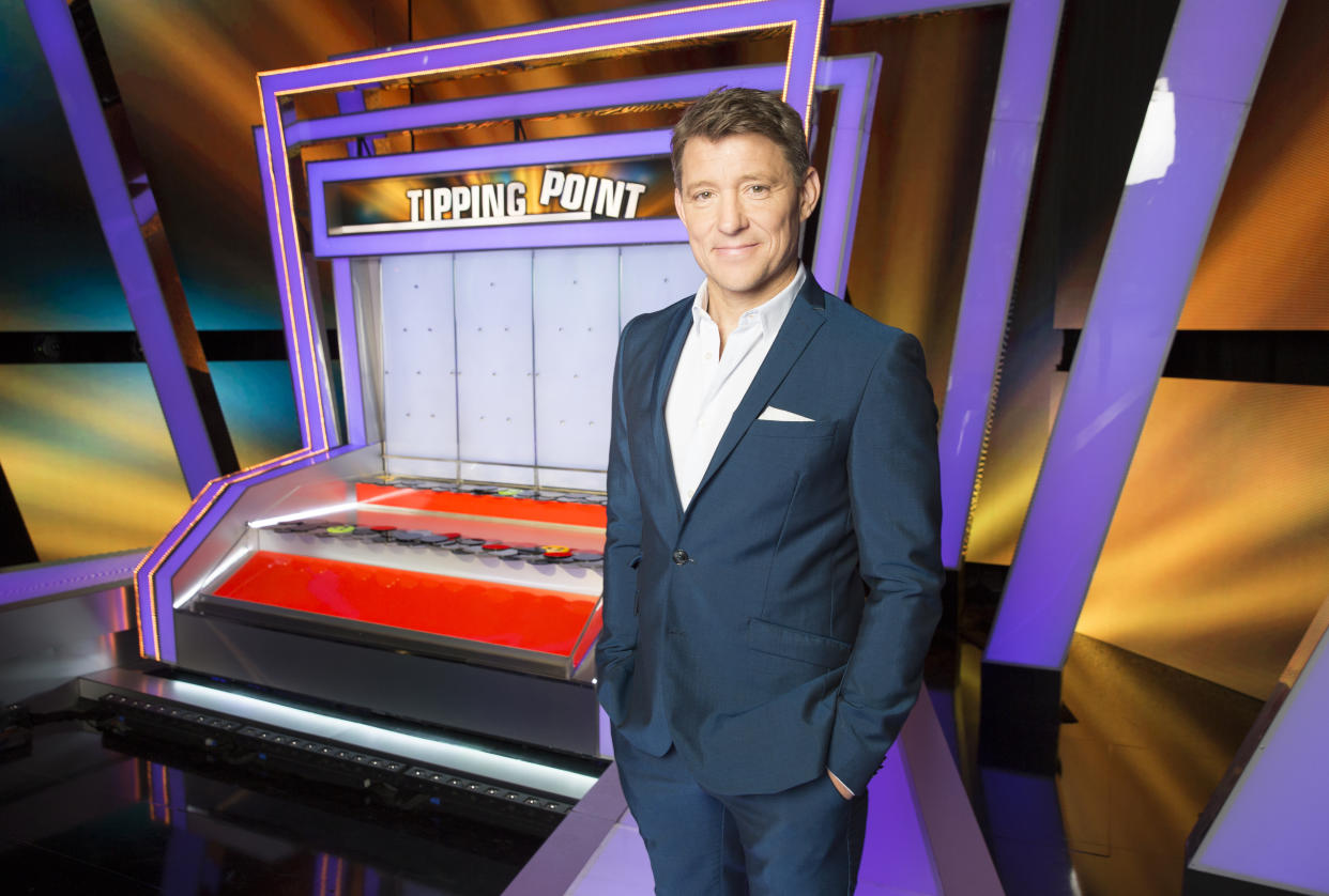From RDF Television 

TIPPING POINT
On ITV 

Pictured: Presenter Ben Shephard.

Presented by Ben Shepard.. Tipping Point is a show centred around an extraordinary machine filled with counters worth thousands of pounds.

A game of knowledge, skill and tactics; players must answer questions to win turns on the machine. Get a question wrong and the machine won't pay out, resulting in the player with the least amount of money at the end getting eliminated.

The last player standing goes head to head with the Tipping Point machine and they'll be focussed on just one counter the golden jackpot disc. Again, answering questions for the right to play the machine, they'll win a big cash sum if they can make it release the jackpot counter.

For further information please contact Peter Gray 
0207 157 3046 peter.gray@itv.com 

This photograph is (C) RDF Television and can only be reproduced for editorial purposes directly in connection with the programme or event mentioned above, or ITV plc. Once made available by ITV plc Picture Desk, this photograph can be reproduced once only up until the transmission [TX] date and no reproduction fee will be charged. Any subsequent usage may incur a fee. This photograph must not be manipulated [excluding basic cropping] in a manner which alters the visual appearance of the person photographed deemed detrimental or inappropriate by ITV plc Picture Desk. This photograph must not be syndicated to any other company, publication or website, or permanently archived, without the express written permission of ITV Picture Desk. Full Terms and conditions are available on  www.itv.com/presscentre/itvpictures/term