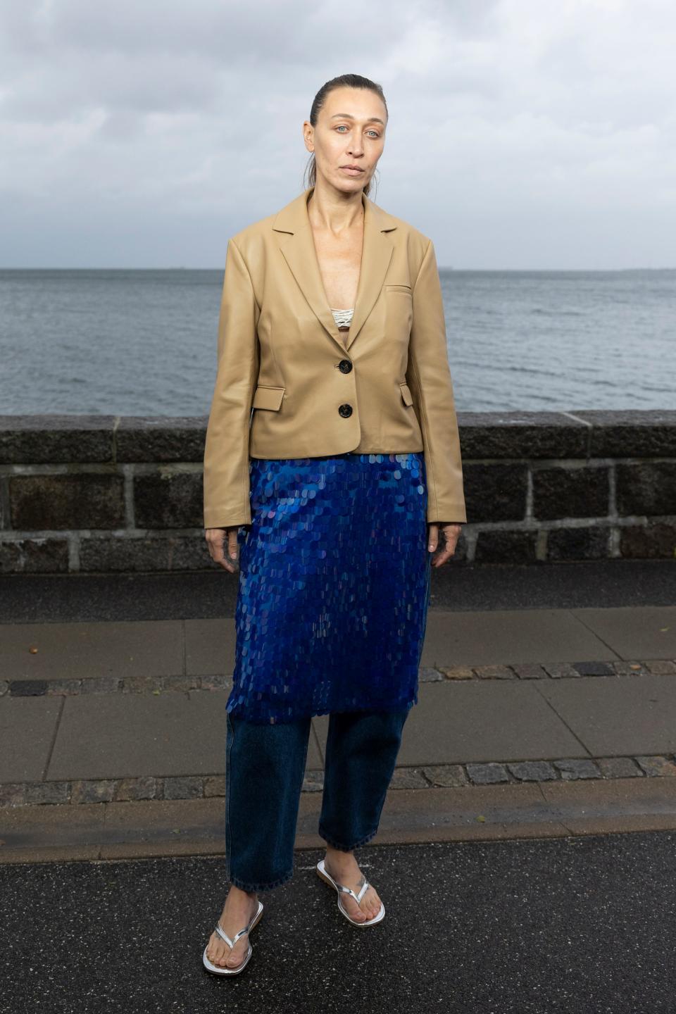 Alana Hadid poses on the runway at the Saks Potts show during Copenhagen Fashion Week.