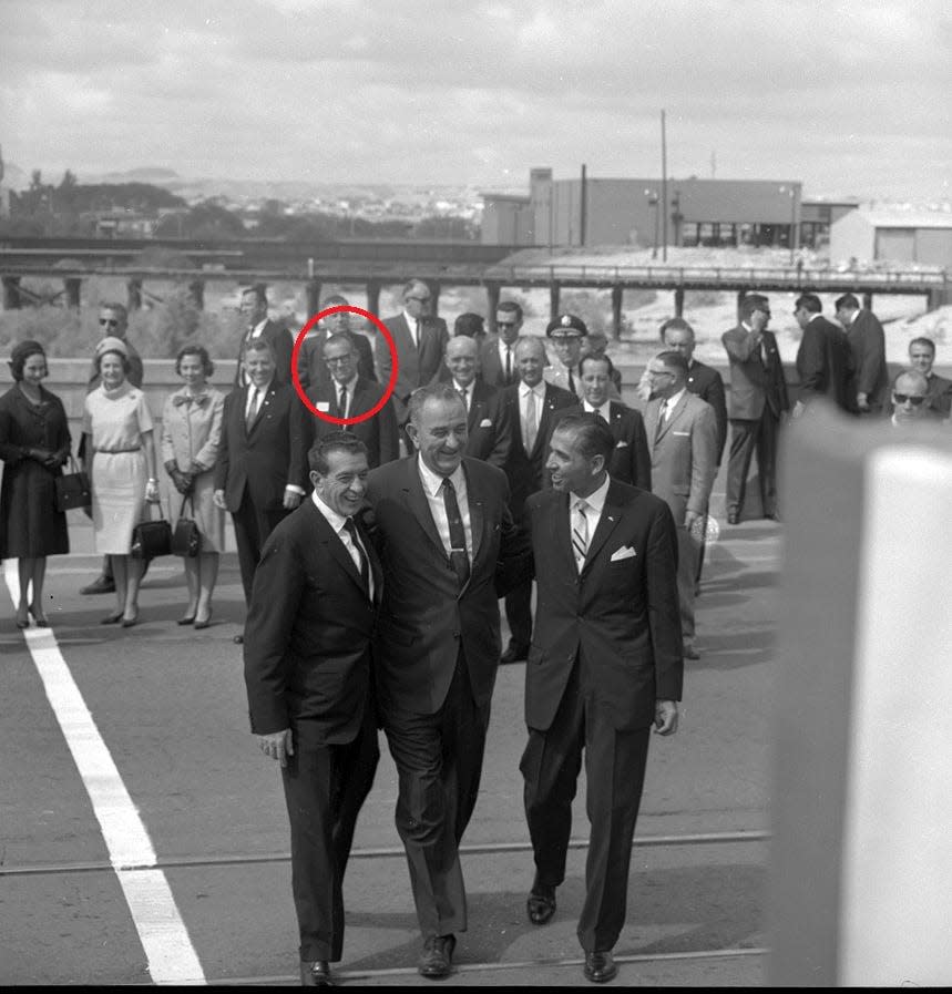 U.S. Rep. Ed Foreman (circled), then representing Texas' 16th Congressional District, is seen behind Mexican president Adolfo López Mateos, U.S. President Lyndon Baines Johnson, and U.S. Ambassador to Costa Rica Raymond Telles in El Paso, Texas on Sept. 25, 1964.