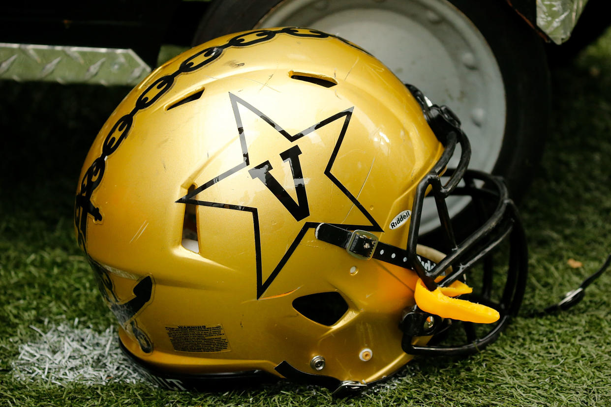 NASHVILLE, TN - OCTOBER 13:  A helmet of the Vanderbilt Commodores rests on the sideline during a game against the Florida Gators at Vanderbilt Stadium on October 13, 2018 in Nashville, Tennessee.  (Photo by Frederick Breedon/Getty Images)