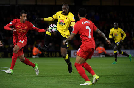 Britain Football Soccer - Watford v Liverpool - Premier League - Vicarage Road - 1/5/17 Watford's Stefano Okaka in action with Liverpool's Joel Matip and Nathaniel Clyne Reuters / Toby Melville Livepic