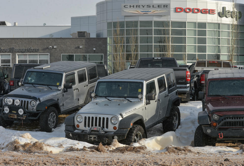 Jeep vehicles outside a Jeep dealership in South Edmonton. 
On Saturday, January 22, 2022, in Edmonton, Alberta, Canada. (Photo by Artur Widak/NurPhoto via Getty Images)