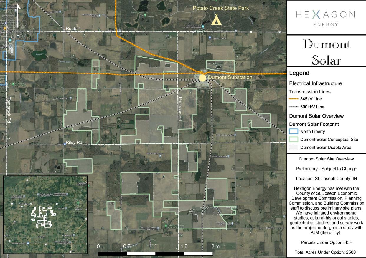 This map shows the more than 2,000 acres where Hexagon Energy is lining up leases for solar farms near North Liberty as of June 2024.