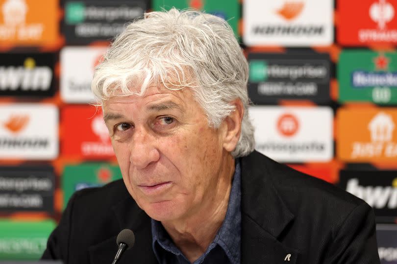 LIVERPOOL, ENGLAND - APRIL 11: Gian Piero Gasperini, Head Coach of Atalanta BC is interviewed following the UEFA Europa League 2023/24 Quarter-Final first leg match between Liverpool FC and Atalanta at Anfield on April 11, 2024 in Liverpool, England. (Photo by Jan Kruger - UEFA/UEFA via Getty Images)