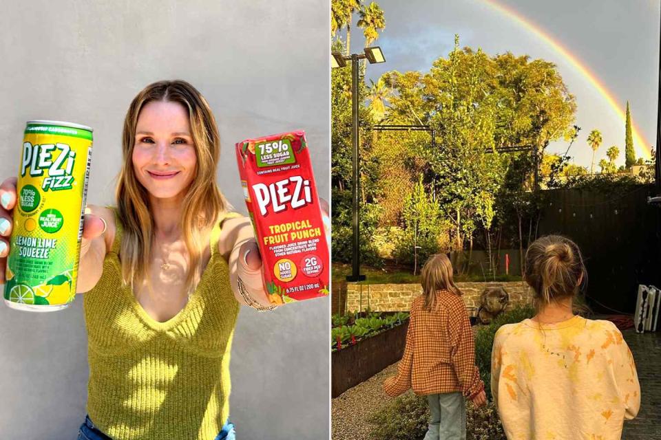 <p>PLEZi; Kristen Bell/Instagram</p> Kristen Bell for PLEZi (left), Delta and Lincoln Shepard admiring a rainbow