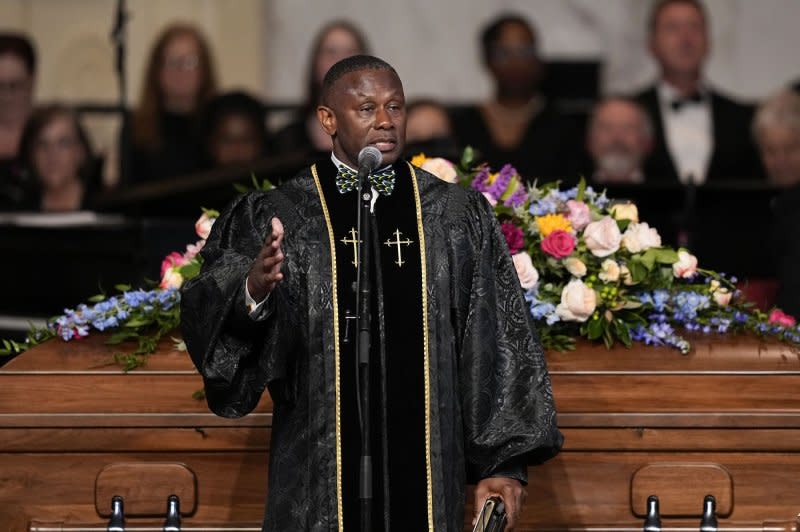 Pastor Tony Lowden speaks at a tribute service for former first lady Rosalynn Carter at Glenn Memorial Church at Emory University on Tuesday in Atlanta. Pool Photo by Brynn Anderson/UPI