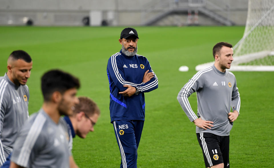 BRATISLAVA, SLOVAKIA - OCTOBER 23: Nuno Espirito Santo the head coach / manager of Wolverhampton Wanderers during a Wolverhampton Wanderers training session at New Slovakia National Stadium, Tehelne pole Stadium on October 23, 2019 in Bratislava, Slovakia. (Photo by Sam Bagnall - AMA/Getty Images)