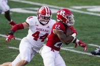 Indiana linebacker Thomas Allen (44) pursues Rutgers running back Kay'Ron Adams (22) during the second quarter of an NCAA college football game Saturday, Oct. 31, 2020, in Piscataway, N.J. (AP Photo/Corey Sipkin)