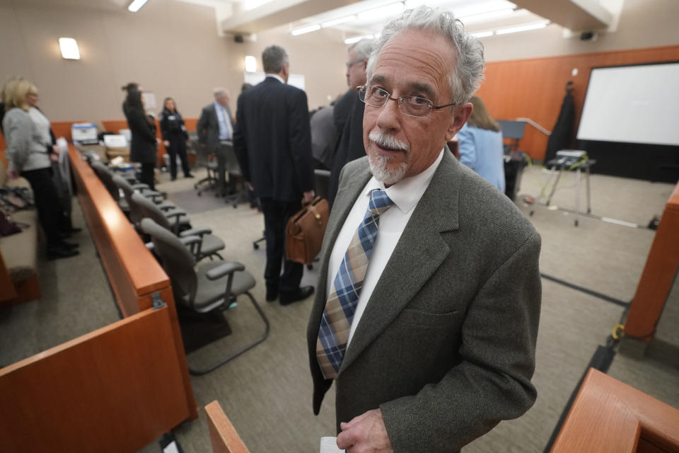 Terry Sanderson, the Utah man suing Gwyneth Paltrow, leaves the courtroom following her testimony, Friday, March 24, 2023, in Park City, Utah. He accuses her of crashing into him on a beginner run at Deer Valley Resort, leaving him with brain damage and four broken ribs. (AP Photo/Rick Bowmer, Pool)