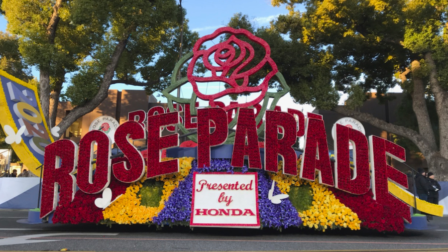 In this Jan. 1, 2020, file photo, a 2020 Rose Parade float is seen at the start of the route at the 131st Rose Parade.
