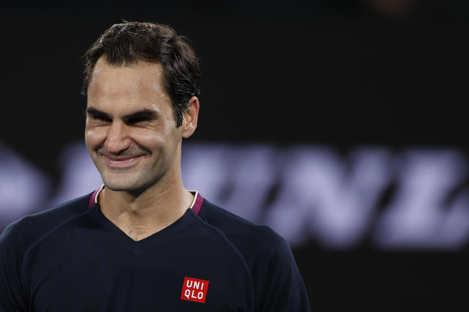 Roger Federer celebrates to the crowd after his straight sets victory in his Men's Singles second round match against Filip Krajinovic of Serbia on day three of the 2020 Australian Open at Melbourne Park on January 22, 2020 in Melbourne, Australia. (Photo by Fred Lee/Getty Images)