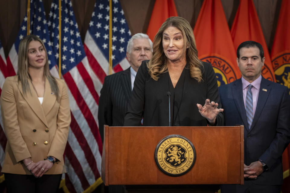 Caitlyn Jenner speaks at a press conference, Monday, March 18, 2024, in Mineola, N.Y. The former Olympic gold medalist threw her support behind a local New York official’s order banning female sports teams with transgender athletes from using county-owned facilities. (AP Photo/Stefan Jeremiah)