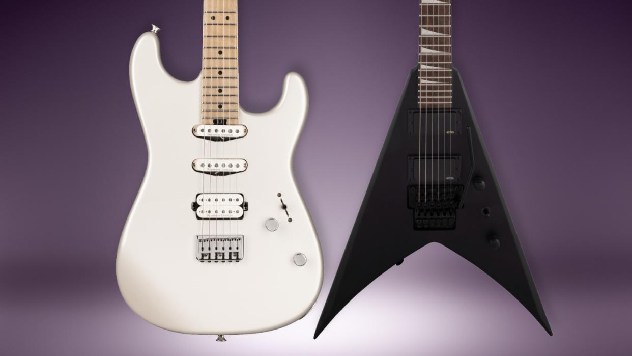  A Charvel San Dimas super strat and a Jackson King V electric guitar on a purple background 