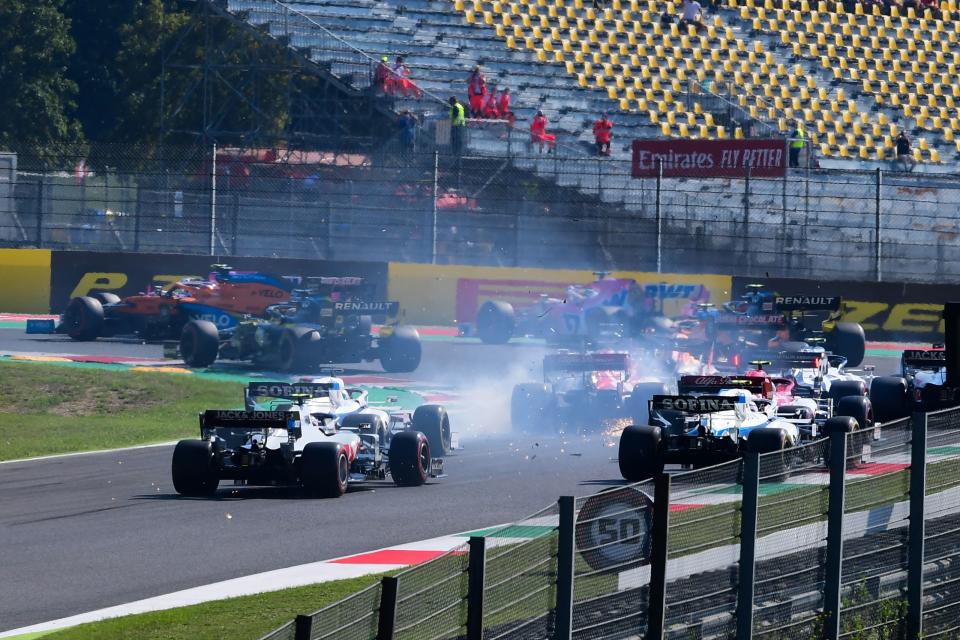 Drives crash during the Tuscany Formula One Grand Prix at the Mugello circuit in Scarperia e San Piero on September 13, 2020. (Photo by Claudio Giovannini / POOL / AFP) (Photo by CLAUDIO GIOVANNINI/POOL/AFP via Getty Images)