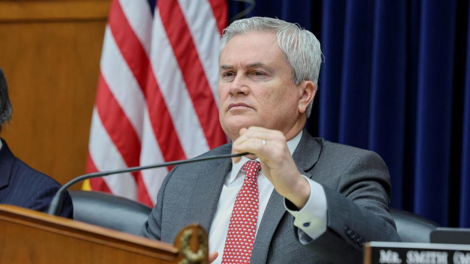 PHOTO: Committee Chairman James Comer adjusts his microphone before a hearing as part of the House of Republicans' impeachment probe into President Joe Biden, on Capitol Hill in Washington, D.C., on March 20, 2024.  (Amanda Andrade-Rhoades/Reuters)
