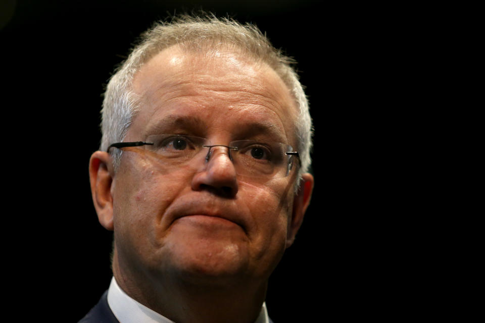 SYDNEY, AUSTRALIA - JUNE 25: Prime Minister Scott Morrison speaks to the media during a press conference following a tour of the Sydney Coliseum Theatre at West HQ on June 25, 2020 in Sydney, Australia. The federal government has announced a $250 million support package for the arts and cultural sectors to assist in economic recovery from the COVID-19 pandemic. The funding package includes $90 million in government-backed concessional loans to fund new productions and a $75m grant program that will provide capital to help Australian production and events businesses put on new festivals, concerts, tours and other events as social distancing restrictions ease. (Photo by Matt Blyth/Getty Images)