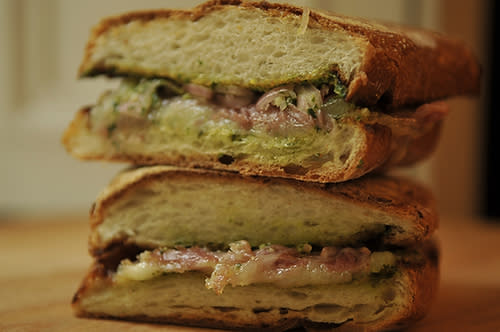 Prosciutto and Fontina Panini with Arugula Pesto