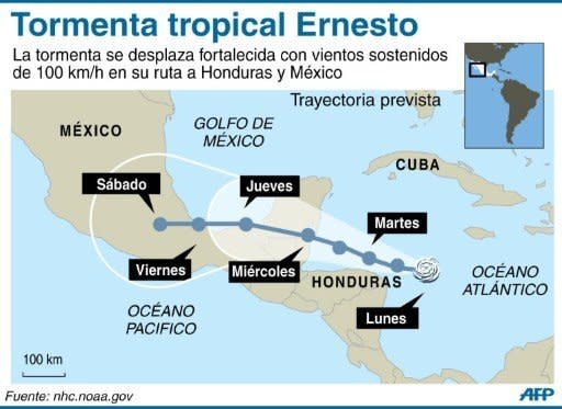 Trayectoria prevista de la tormenta tropical Ernesto (AFP | gustavo izus/jennifer hennebert)