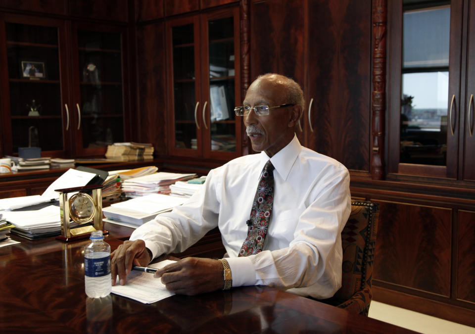 Detroit Mayor Dave Bings talks during an interview with the Associated Press in Detroit, Thursday, June 14, 2012. (AP Photo/Paul Sancya)